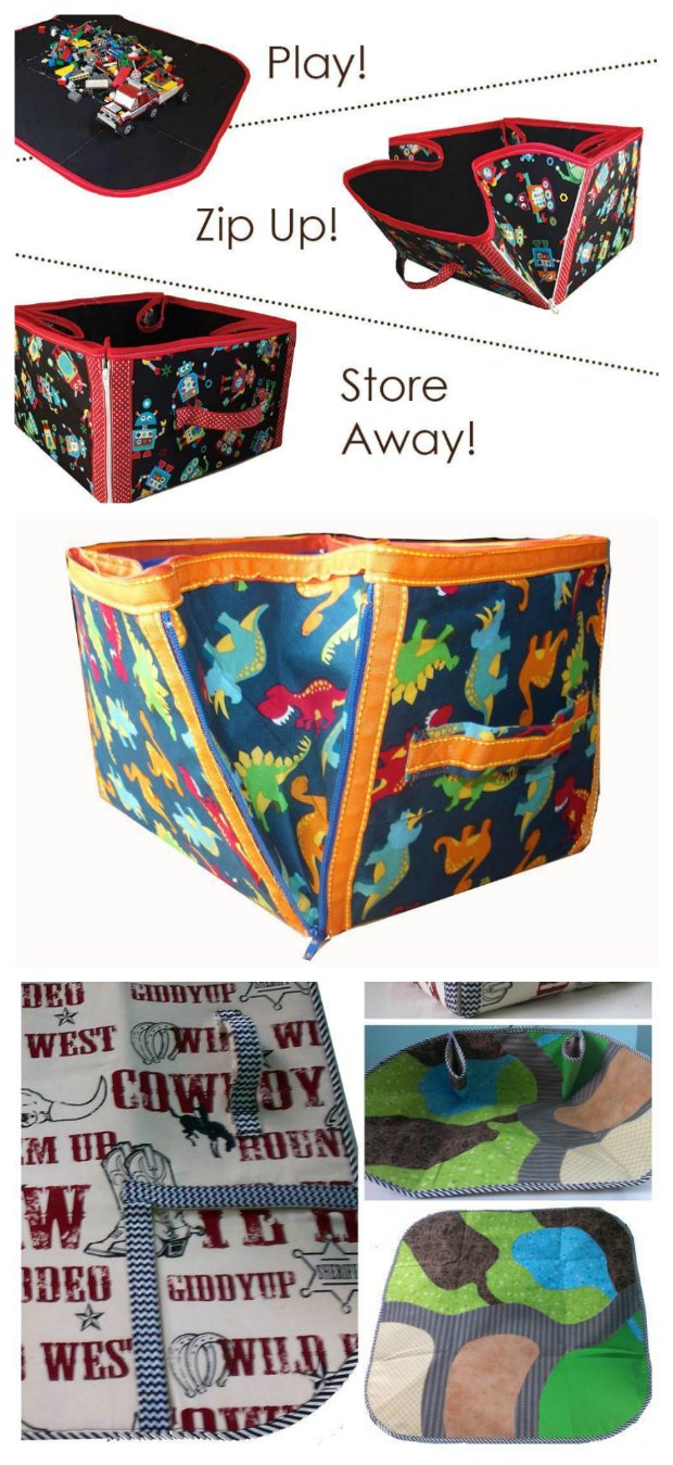 2-in-1 playmat and toy storage tote - sewing pattern. My kids love these. We have a roads one for their cars and a farmyard one too. Now my niece wants me to make her one for playing with her Barbies. Play, zip, move and store!