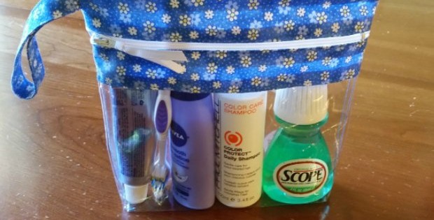 Instead of using a Ziploc bag to take your small toiletries through airport security, it's easy to make one of these wipe clean clear vinyl bags instead. Perfect for the plane.