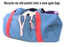 Awesome upcycling! Take one old jacket and turn it into this gym bag. Uses zippers, pockets, fabric etc. Perfect for a thrift store find, jacket that's too small or just too old now. Great bag sewing idea.