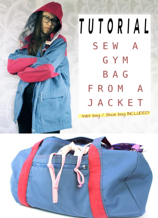 Awesome upcycling! Take one old jacket and turn it into this gym bag. Uses zippers, pockets, fabric etc. Perfect for a thrift store find, jacket that's too small or just too old now. Great bag sewing idea.