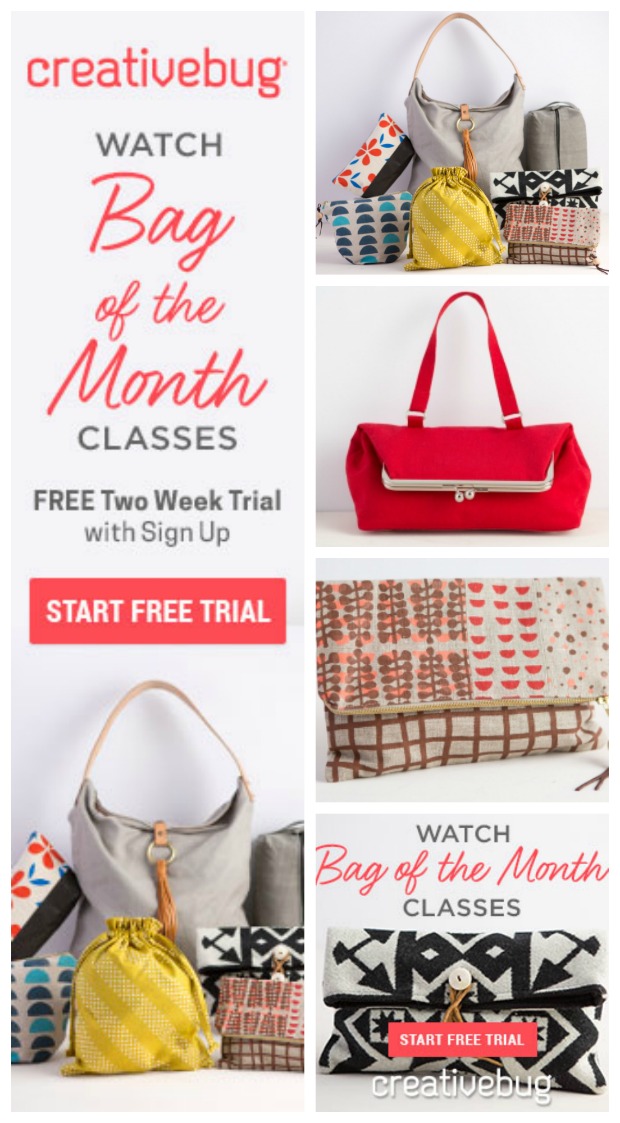 Creative Bug Bag of the Month classes. So many great and varied bag sewing patterns and video tutorials, each released monthly. Build a library of new bag sewing skills and patterns.