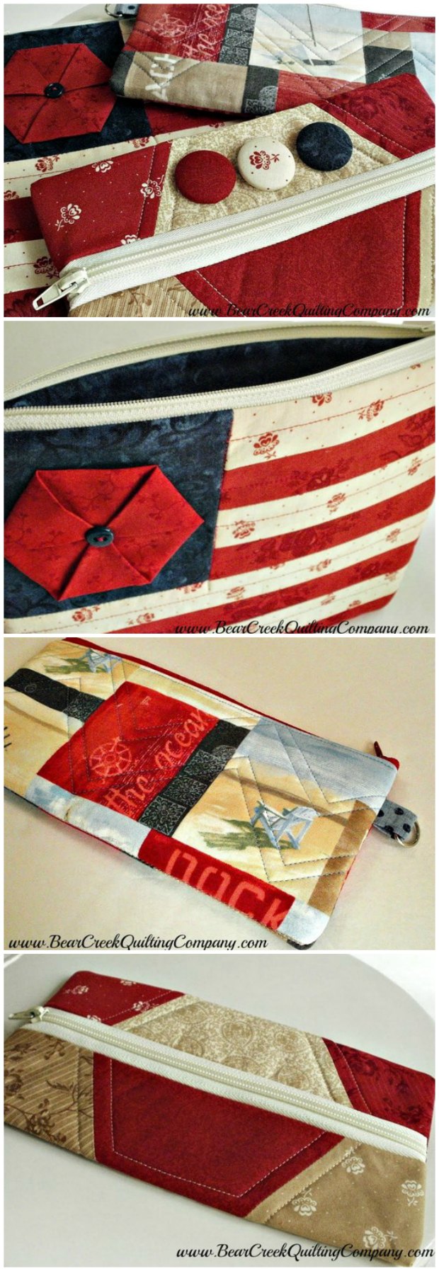 Free tutorial for 3 different zipper bags to sew.  I really like the one that looks like a flag, but each of them is interesting.  I know someone who would love that hexies one too.