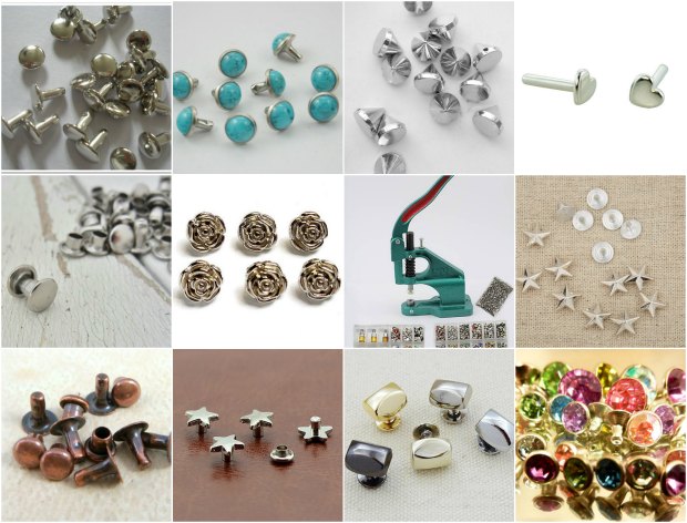 Different types, sizes, styles, colors of rivets.  As found on Etsy.