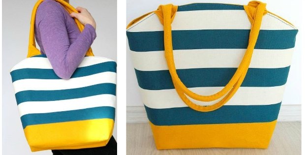 Free sewing pattern. The perfect summer tote, or large purse. With a zipper across the curved top, this tote is practical and simple - yet with the right fabric it can look stunning!