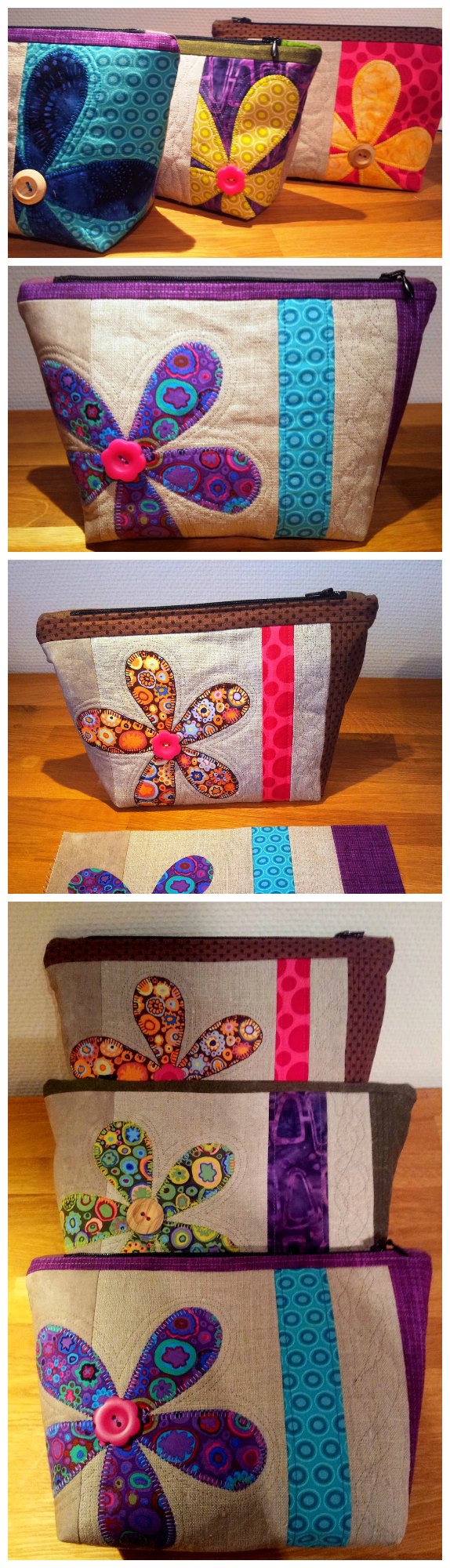 Free sewing pattern. With applique, quilting, flowers, bright fabrics, pieced panels, etc, these cute cosmetics bags are a great way to teach sewing or practice your skills too. Can't stop making them!