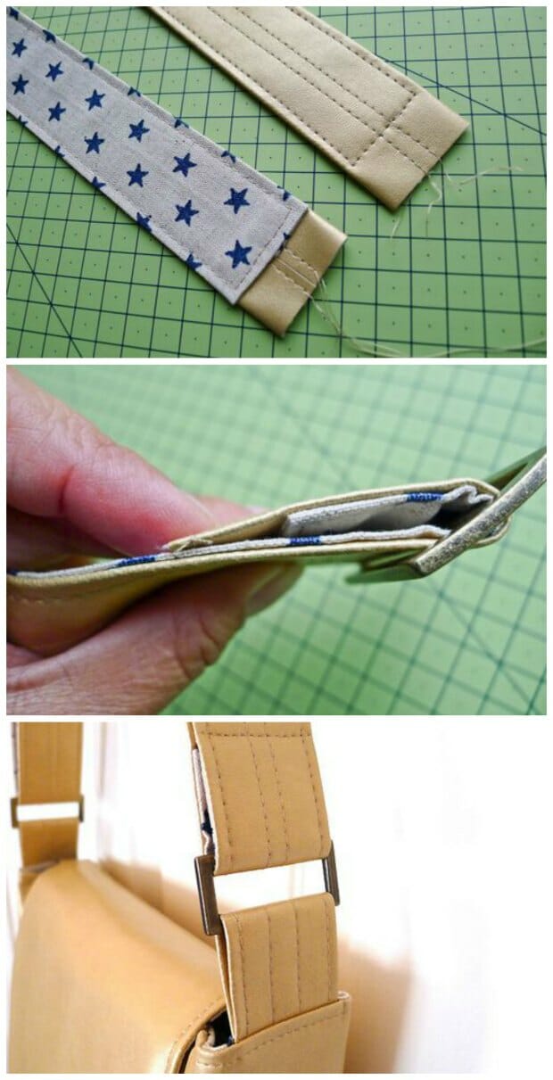 How to make less bulky leather bag straps by backing them with fabric and only using two layers of vinyl/pleather.  Looks SO pretty using a fabric to match the bag/lining and makes sewing much easier too.