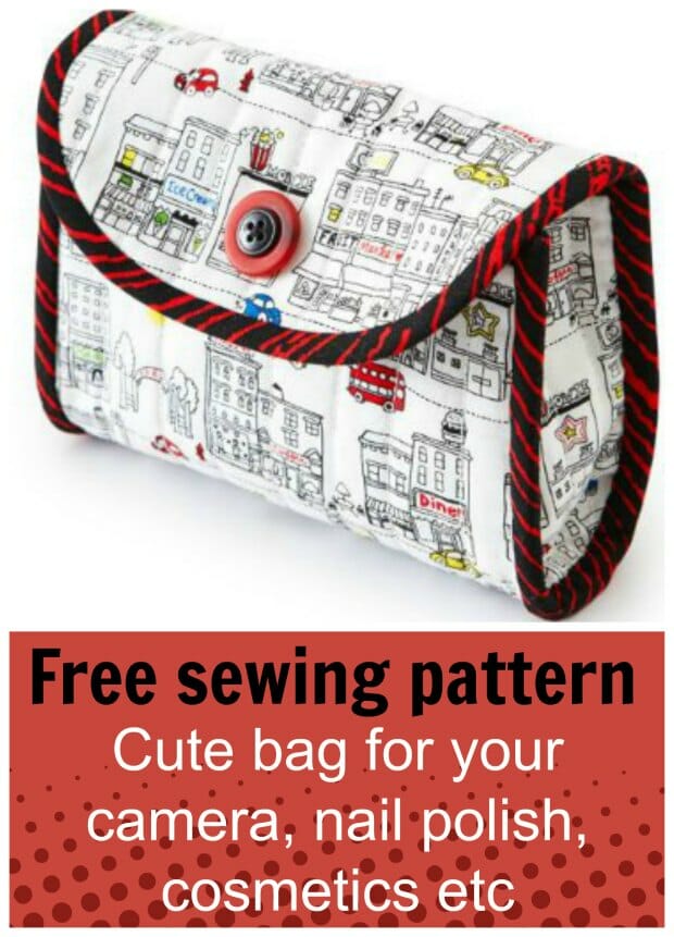 Free sewing pattern. Great little bag to use as a camera case, but I'm making one with a piece of elastic inside separated into sections to hold nail polish when I travel - perfect!