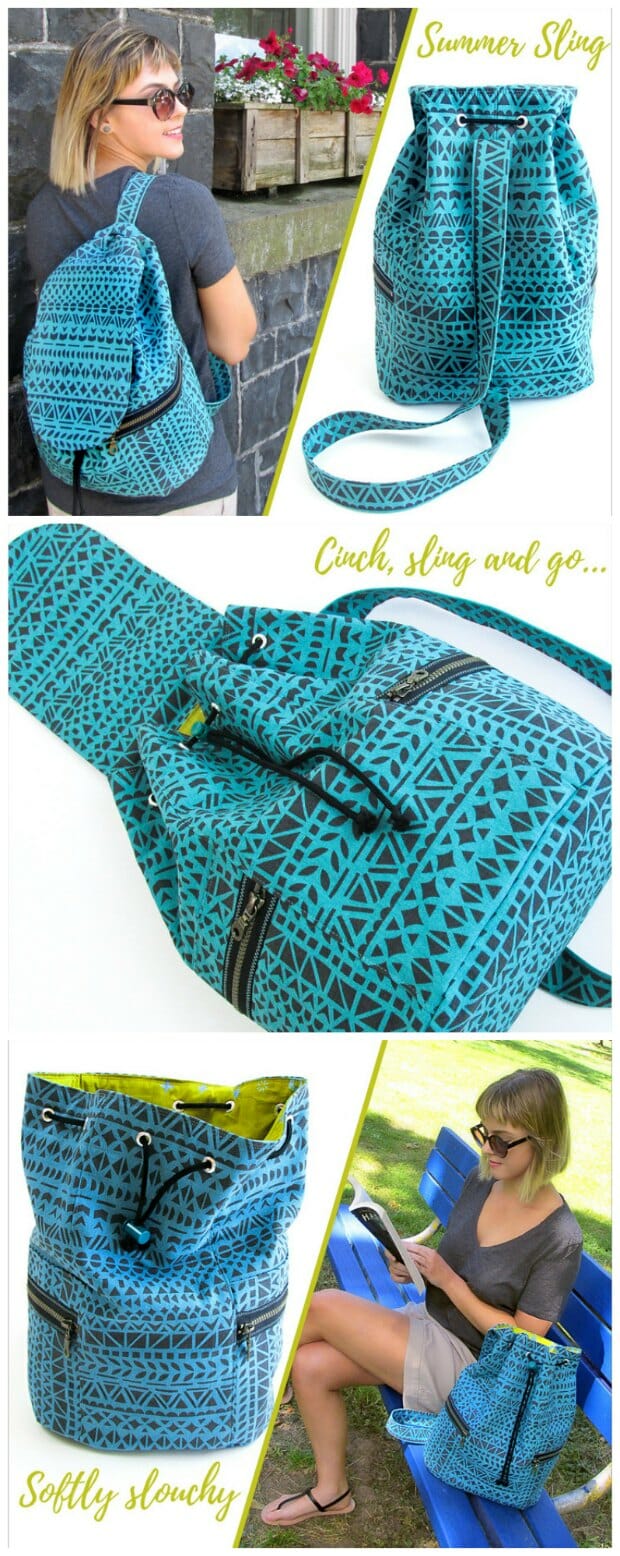 Free sewing pattern. Summer sling bag - ideal for country walks. I'm making them for me, hubby and the kids, then the kids can use them for school too. Drawstring backpack sewing pattern - free.