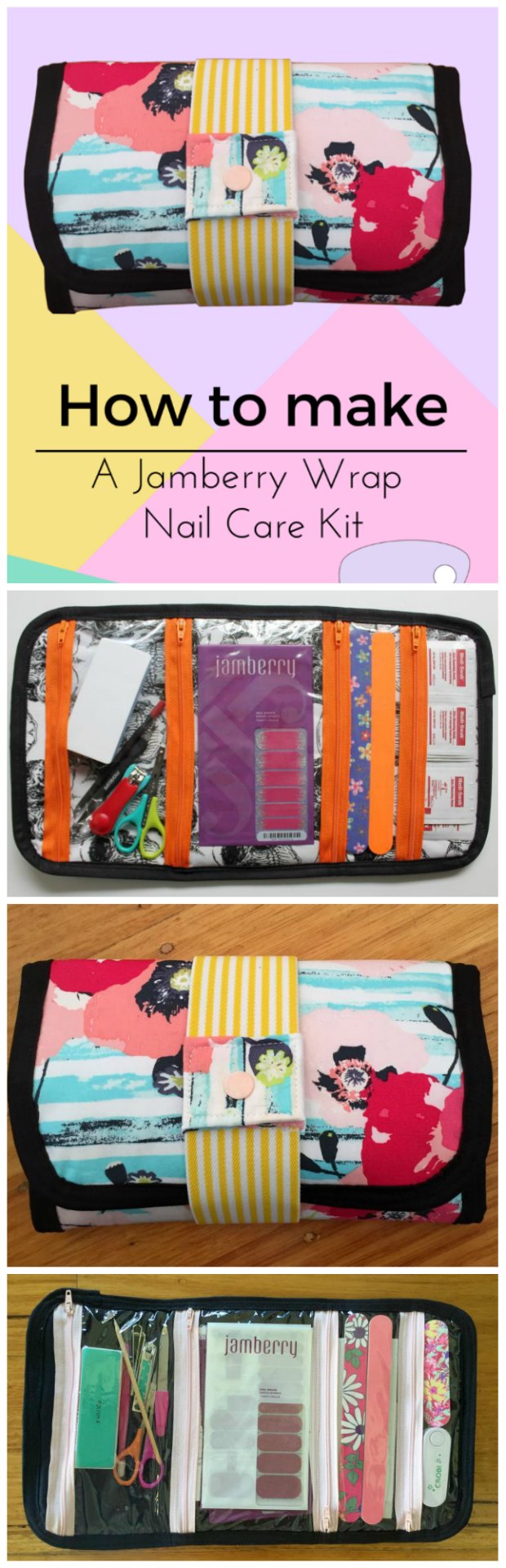 Free sewing pattern/tutorial for how to sew this cute manicure and nailcare bag, perfect for nail wraps and stickers, and perfect for teenage girls!