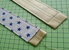 How to make less bulky leather bag straps by backing them with fabric and only using two layers of vinyl/pleather. Looks SO pretty using a fabric to match the bag/lining and makes sewing much easier too.