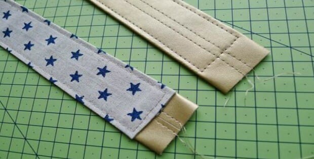 How to make less bulky leather bag straps by backing them with fabric and only using two layers of vinyl/pleather. Looks SO pretty using a fabric to match the bag/lining and makes sewing much easier too.