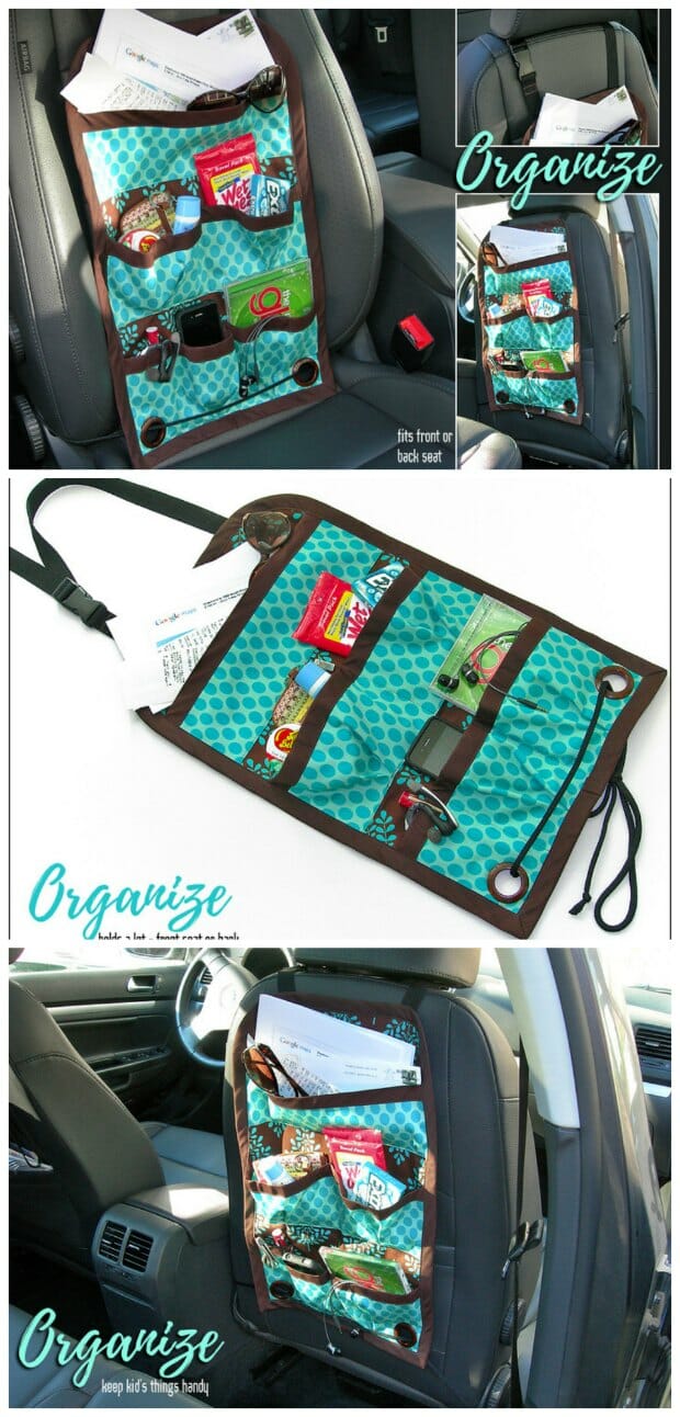 Free sewing pattern and tutorial for this car seat caddy organiser. My kids are going to love these. I'm going to personalise them, fill them with coloring supplies and small toys and present them for our road trip. Should keep them busy and me sane! Great sewing idea.