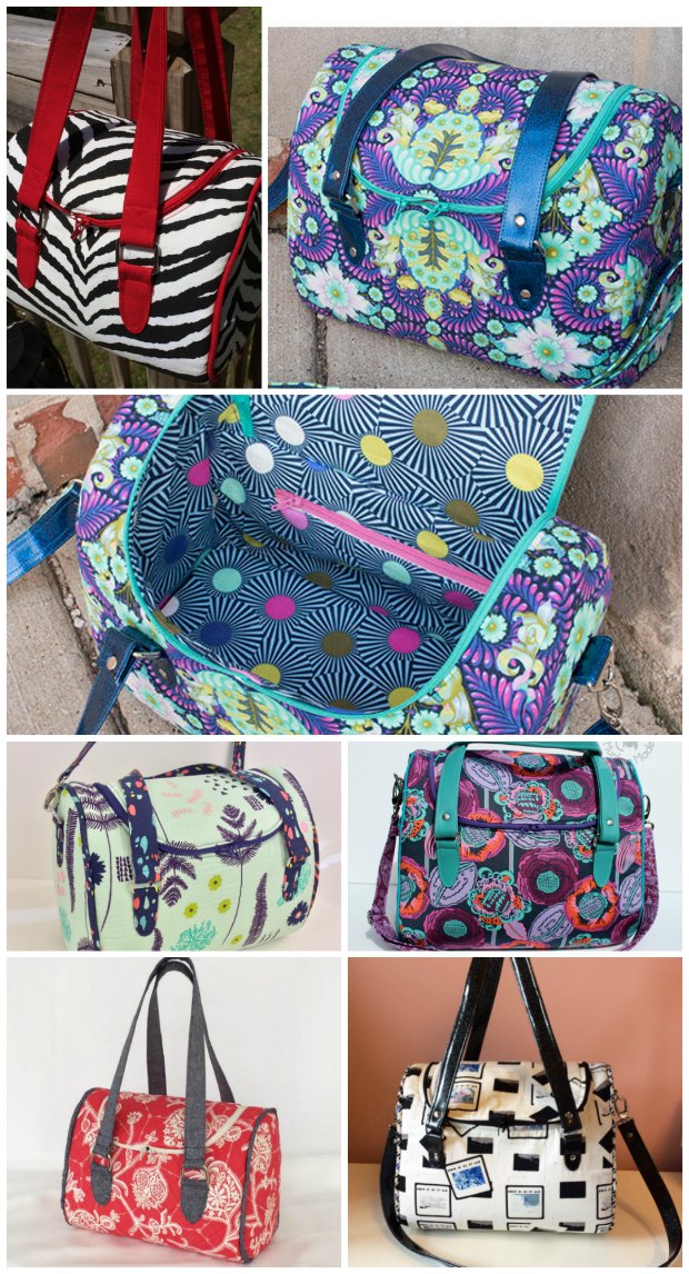 Bag sewing pattern in 3 different sizes. I love this bowling-style bag. Great shape, strap options, not fussy but perfect for great fabrics. Highly recommend this bag pattern.