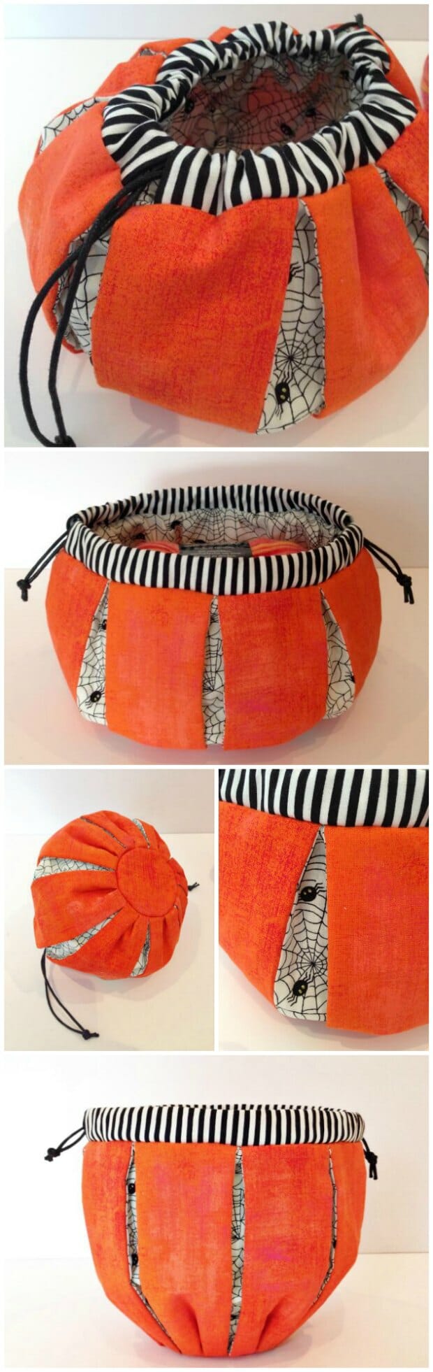Sewing pattern for a drawstring Halloween Pumpkin treat bag. My grandkids are going to love these, but with other fabrics, these would make good gift bags too. Christmas is coming!