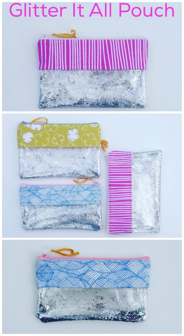 Sew your own glamorous glitter pouch. Silver is fun, but gold can be glamorous. Or use pastels for a wedding? Holiday colors? Love this glitter bag idea.
