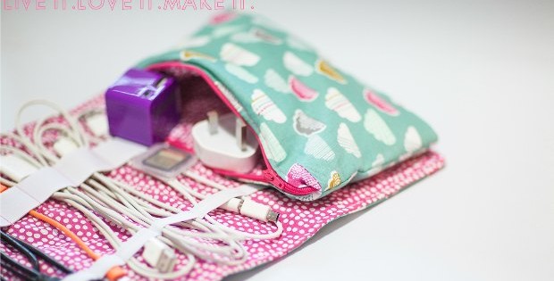 How to keep all of your cables and accessories organised, at home, or when travelling. Cute zipper and roll up bag to sew - free sewing pattern.