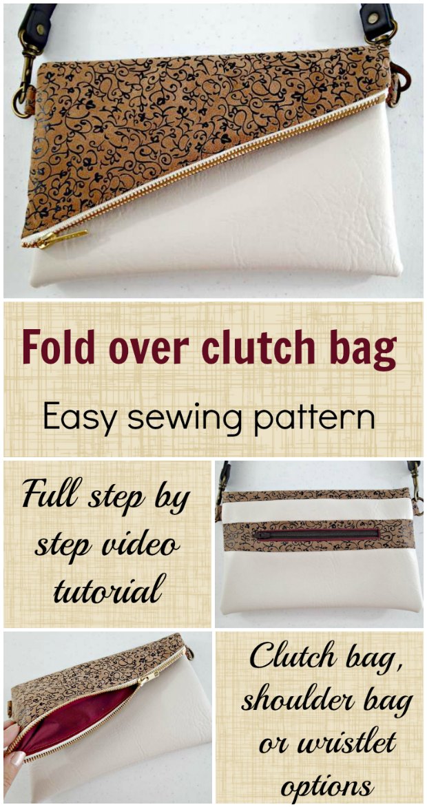 Video tutorial and sewing pattern for how to make this cute fold over clutch bag, with optional back zipper pocket and shoulder strap/wrist strap.