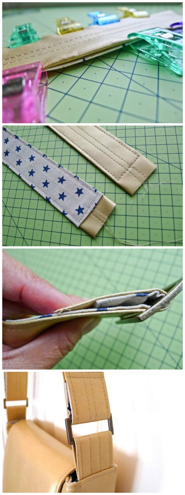 How to make (less bulky) leather bag straps.  Makes them much easier to sew and can be used for any bag pattern.