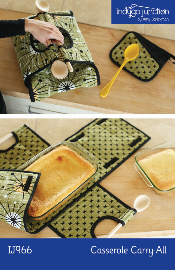 Casserole carrier sewing pattern. For square or rectangular dishes in the same pattern. Also include matching pot holder.