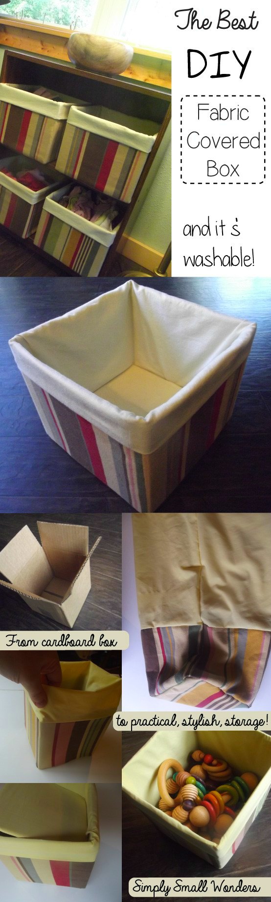 Fabric covered boxes with removable covers. Quick, cheap, easy storage ideas using a regular cardboard box.