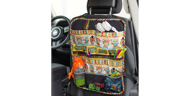 Free sewing pattern for a kids car seat organiser. Stop the mess, hide the stuff!
