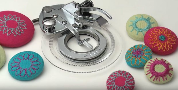 Flower stitch presser foot creates amazing embroidery on regular sewing machines. Less than$5! I need this now.