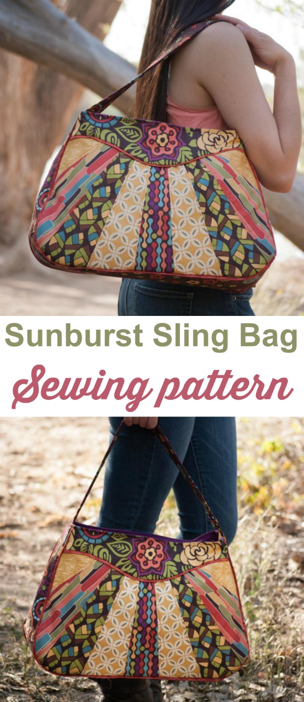 Great purse or handbag sewing pattern. The Sunburst Sling bag is great for using up smaller pieces of fabric that are too small to make a whole bag.