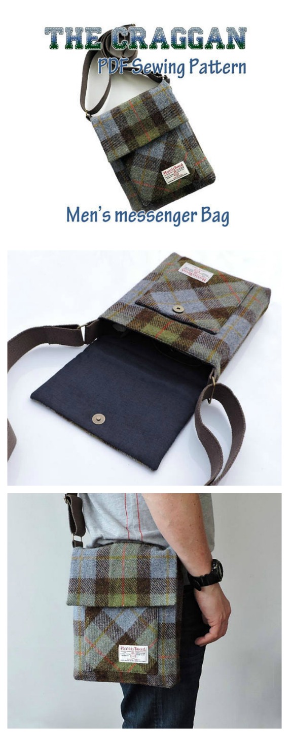 The Craggan mens messenger bag sewing pattern. This pattern shows you how to easily make a men's tough crossbody bag. It has an adjustable crossbody strap and magnetic snap closure. A generous size, great for everyday use, large enough to accommodate an iPad and all his essentials and strong enough for the hardest working man! 