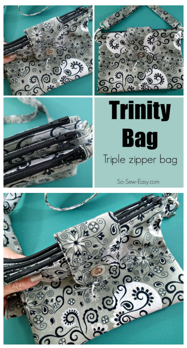 The Trinity Bag - Triple Zipper bag pdf sewing pattern. This intermediate sewing pattern makes not just one bag, but three in one.