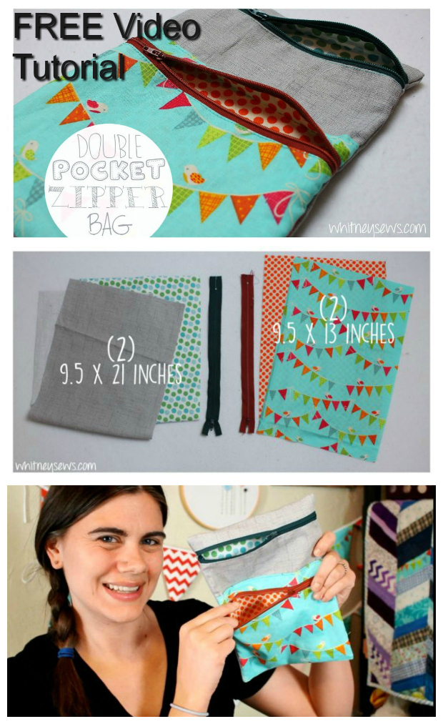 Watch this excellent 6-minute FREE step-by-step tutorial video and learn how to make an easy double pocket lined zipper bag. You will end up with a bag with two separate lined pockets, one small and one large, each with its own zipper