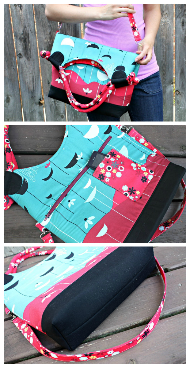 Lapin Noir Tote Bag sewing pattern. The Lapin Noir converts from a handled tote to a large carry-all, with a cell phone pocket and enough pockets inside and out to keep your most important items within easy reach. The handles are corded and covered in fabric, with pretty knots at each end, and the long strap is attached to the bag with fun swivel clips. If you’re looking for a bag to showcase your favorite fabric print, this is it!