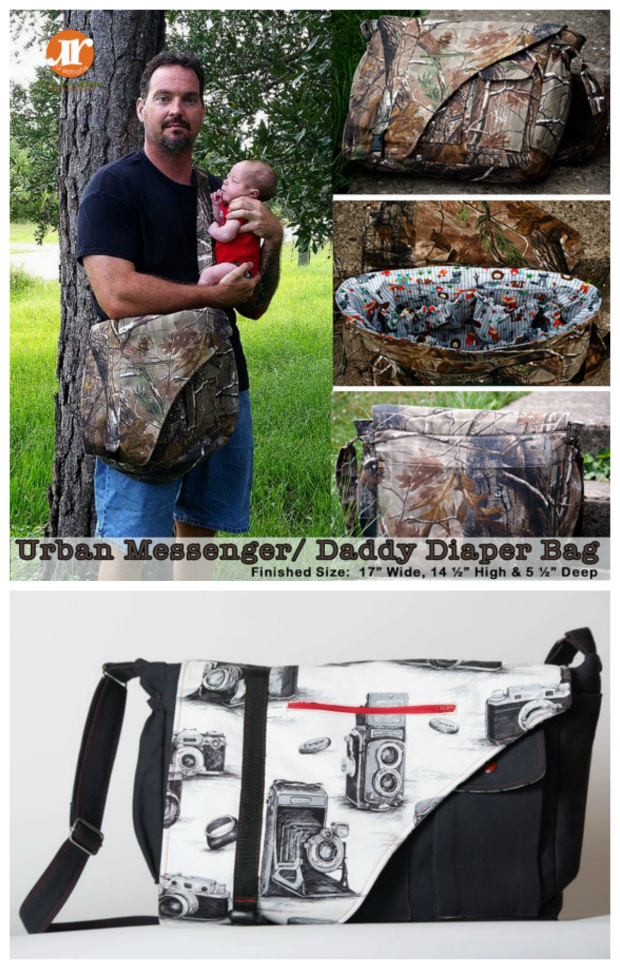 The Urban Messenger/Daddy Diaper bag is a versatile pattern that offers options to make the perfect Men's everyday messenger bag or turn it into the ideal Daddy diaper bag. The pattern includes 10 pocket options allowing you to completely personalize the bag to suit any man.