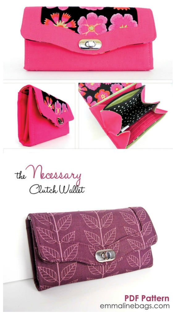 The Necessary Clutch Wallet is a classy wallet with room for a lot of your personal items. It can carry your cell phone/mobile, cheques, cash, cards, coins and still have room for more. The flap of the clutch wallet is secured with either a snap fastener or a professional looking twist lock. The downloadable PDF sewing pattern also includes instructions for the wrist strap and shoulder strap.