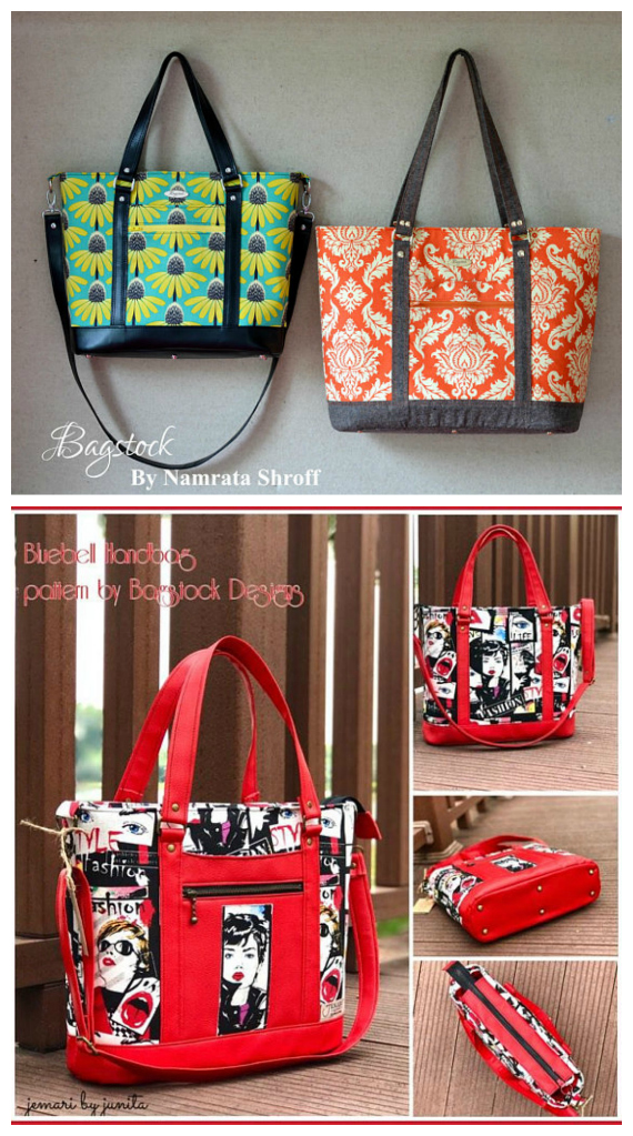 Bluebell is an all-purpose classic Tote (Handbag) that you can make using Bagstock Designs very informative PDF downloadable pattern and instructions. You can make Bluebell as a Tote Bag or a Handbag. The exterior of Bluebell has one slip pocket, one zippered pocket, and there are two pleated slip pockets and a zippered pocket in the lining. A zip top closure keeps the bag's contents secure.