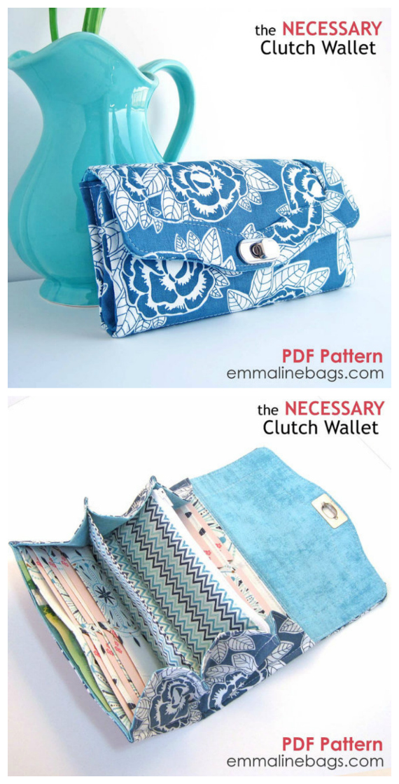 The Necessary Clutch Wallet is a classy wallet with room for a lot of your personal items. It can carry your cell phone/mobile, cheques, cash, cards, coins and still have room for more. The flap of the clutch wallet is secured with either a snap fastener or a professional looking twist lock. The downloadable PDF sewing pattern also includes instructions for the wrist strap and shoulder strap.
