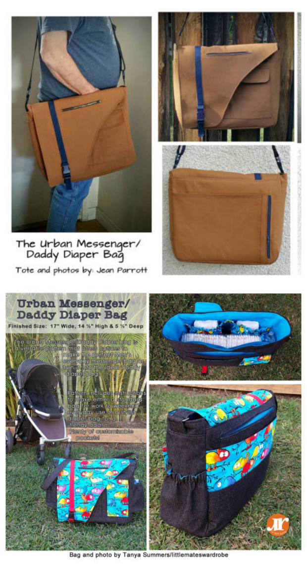 The Urban Messenger/Daddy Diaper bag is a versatile pattern that offers options to make the perfect Men's everyday messenger bag or turn it into the ideal Daddy diaper bag. The pattern includes 10 pocket options allowing you to completely personalize the bag to suit any man.