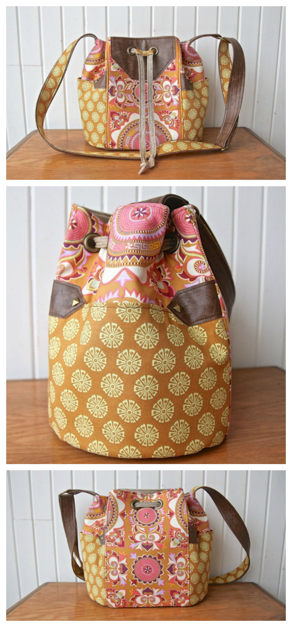The Dahlia Drawstring Bucket bag is a cool and trendy looking medium sized bag. The bag stays closed with a drawstring closure. It has two exterior side pockets, one interior slip pocket and one interior zippered pocket. On the exterior of the bag, there are some vinyl/faux leather accents at the side pockets, on the front of the bag, the bottom and the top side of the adjustable crossbody strap.