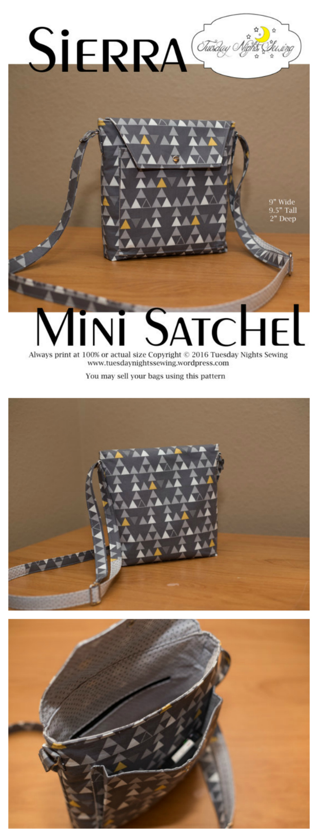 If you want a great medium sized crossbody bag that fits all your everyday needs then you can download here the pattern for the Sierra Mini Satchel. The Sierra Mini Satchel has the following features: a front cargo pocket, an interior zipper pocket, a flap closure with snap, an adjustable strap.