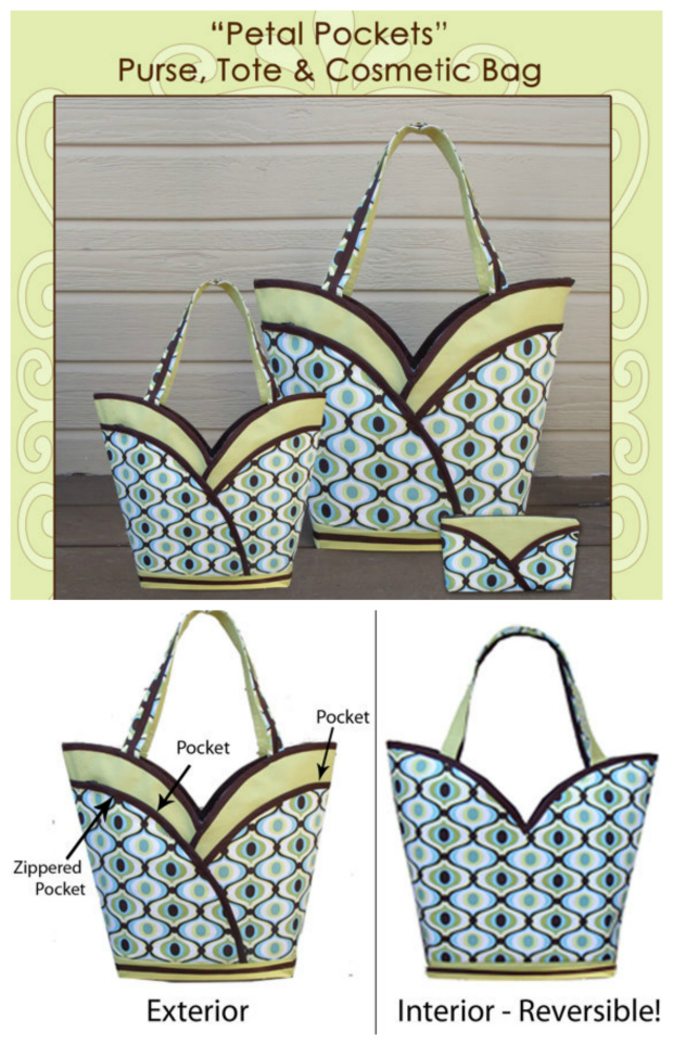 Look at this beautiful-looking Tote Bag that comes in two sizes, is reversible and has a matching cosmetics bag as well. The Petal Purse Tote Bag has loads of storage space. It has four slip pockets, two zippered "petal" pockets on the exterior and a nice roomy interior. 