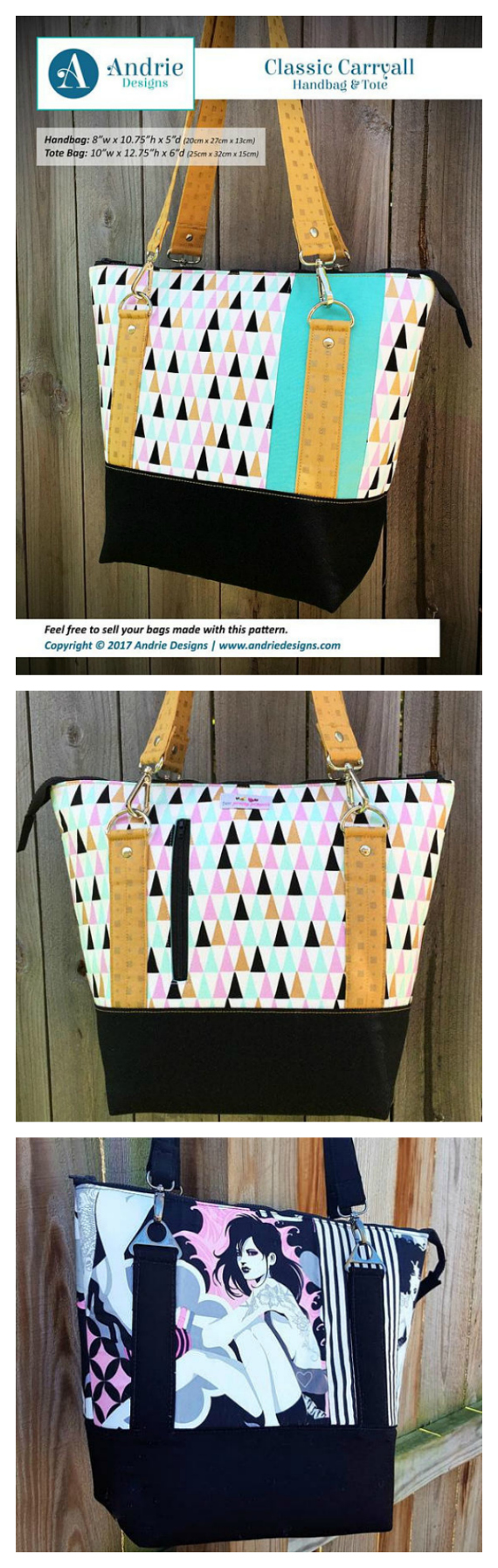 With this pattern, you get to chose whether you want to make a Handbag or a Tote bag or both. You can download below the pdf patterns for the Classic Carryall Handbag & Tote Bag. This pattern has been designed to be simple and quick to construct, yet effective and classic in design. Features include: Simple piecing A vertical outer zipper pocket on the back A full zipper closure along the top And an inner zipper pocket as well Box corners Shiny hardware including optional bag feet Straightforward construction techniques, making this bag a quick and easy sew.
