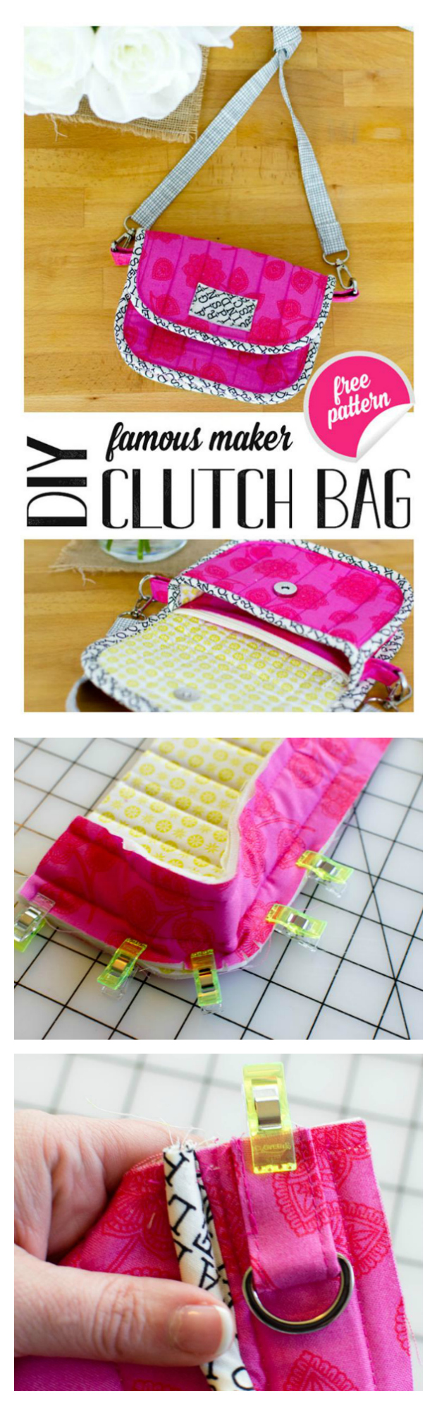 Here is yet another FREE pdf pattern brought to you by Sew Modern Bags. This one is a little clutch bag pattern, which has a zipper pouch inside this little bag. You can fit an iPhone in the little pocket behind the integrated zipper pouch, and then you'll have a nice sized compartment in front of the zipper pouch for keys, lip gloss and a little notebook. If you want your clutch bag can also carry cards and cash in the zipper pouch. The approximate size of the finished bag will be 7’" wide by 4 1/2" tall.