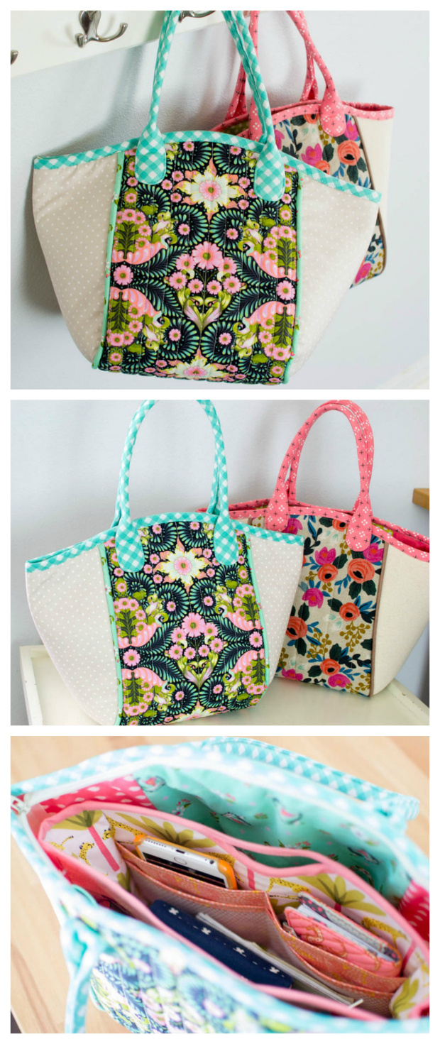 Sew Modern Bags brings you another awesome FREE pdf pattern that is specifically aimed at beginner sewers. The Fabric Basket Tote bag is beautiful, easy, and fun to sew! The Fabric Basket Tote's main features are as follows: There are two interior pockets. It has a zipper which is different from most Tote Bags, or you can use a magnetic snap. The handles aren't super long like shoulder straps but it can fit on your shoulder. The bag has a bound top edge that matches the handles (if you want) and it is a nice roomy size. The center panel is quilted and there is piping that separates the middle from the sides. 