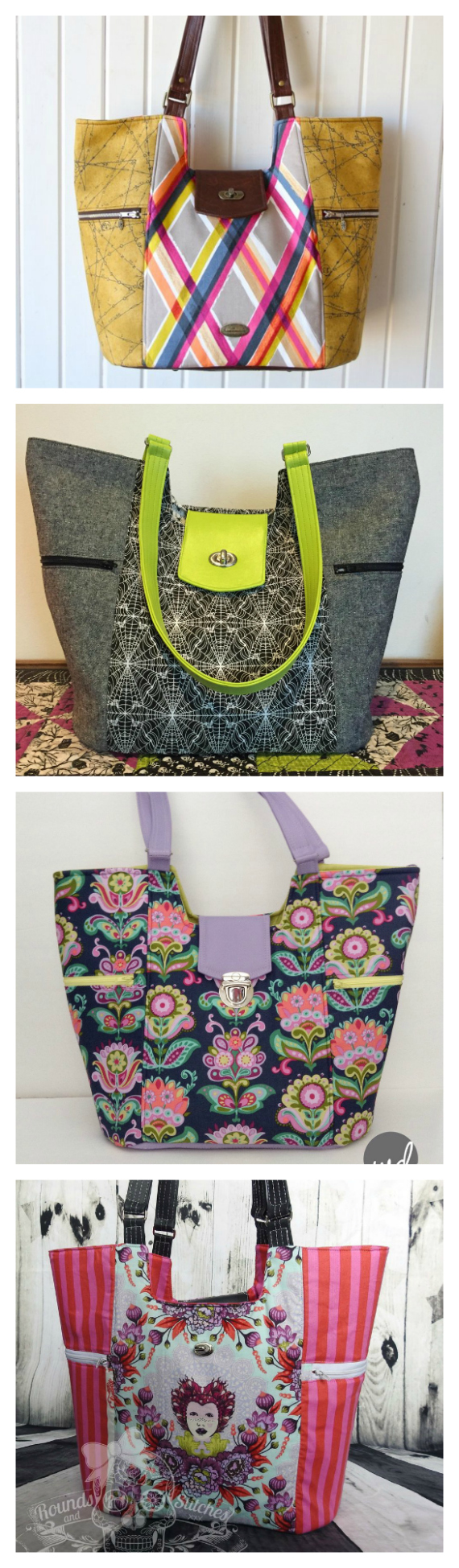 If you want to make a very large bag then The Mimosa Market tote is the bag for you. It is 13.5" wide by 13" high by 8" deep and has the following features: It has 2 large exterior side zipper pockets A large oval base An optional tab closure with instructions for a twist lock but can easily be substituted with a different closure The vinyl accents could easily be replaced with fabric - the instructions will apply to both methods The interior of the bag comes with 2 large slip pockets and an optional removable false bottom to give the bag extra support at the base.