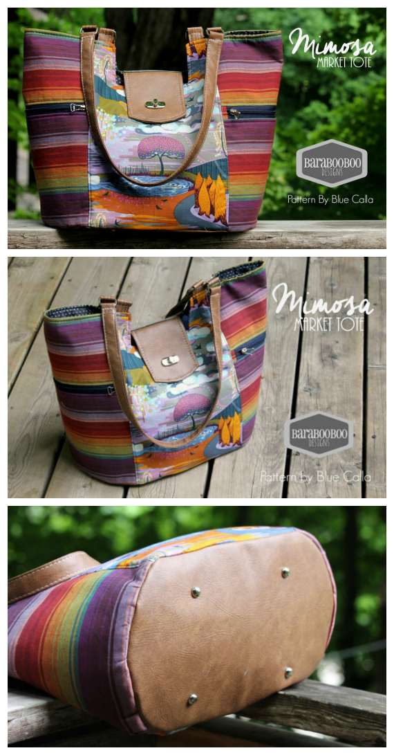 If you want to make a very large bag then The Mimosa Market tote is the bag for you. It is 13.5" wide by 13" high by 8" deep and has the following features: It has 2 large exterior side zipper pockets A large oval base An optional tab closure with instructions for a twist lock but can easily be substituted with a different closure The vinyl accents could easily be replaced with fabric - the instructions will apply to both methods The interior of the bag comes with 2 large slip pockets and an optional removable false bottom to give the bag extra support at the base.