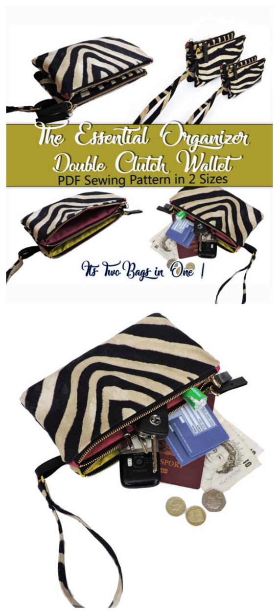 Here's a PDF Sewing pattern for a unique bag - The Essential Organizer Double Clutch Wallet. This pattern shows you how to easily make an ingenious double clutch organizer that gives you two bags in one! And as a bonus the pattern comes in two sizes so you can choose between a clutch bag or wallet size organizer - or why not make both. You can organize all your essentials as the clutch has two individual sides so you can use one side for makeup, spectacles, pens, and the other side for money, keys and per