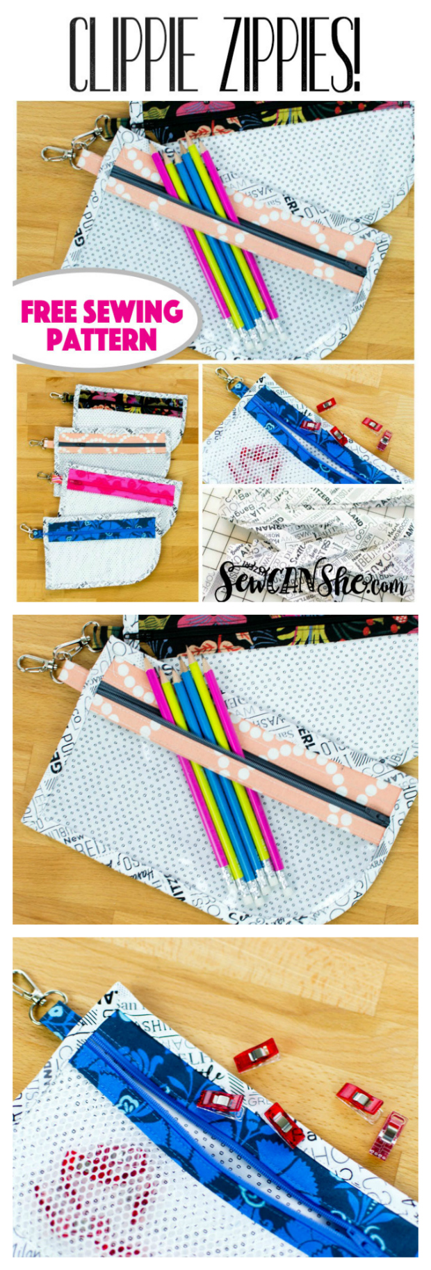 Here is the FREE pattern for the wonderful Zippie Clippie pouch. You can make lots of these pouches and they'll have lots of uses like for example: Clip one on a backpack with pencils and school supplies. Clip another to your bag to hold your phone. Then sew another to hold your hand sewing kit while on road trips.