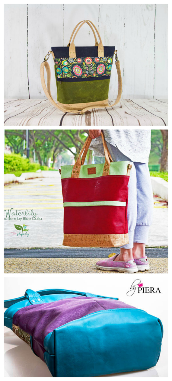 The Waterlily is a large sized tote that can be made in waxed canvas, cork, vinyl, regular cotton fabric or a combination of these materials.