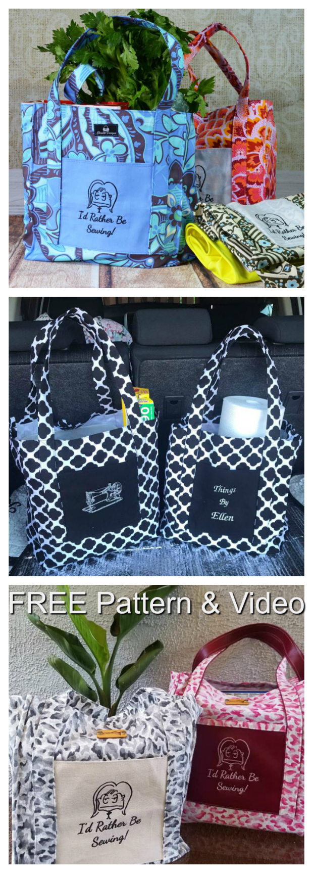 Here is a FREE pattern that comes with a FREE video showing you how to make this Grocery Tote bag. It's a simple project for a beginner sewer.