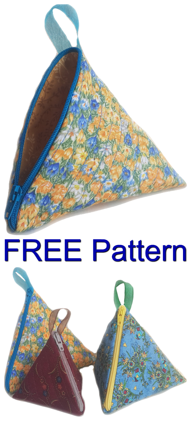 Here's a quick and simple FREE pattern for you to work on, to make this pyramid style triangular zip pouch. These little-zipper pouches are easy to make and as an added bonus they come in 3 different sizes. Once you have made one, it is easy to change the size and make the next one. The small one is ideal for a coin purse in your handbag or to keep in the car, while the larger ones could easily be used to keep many different types of sewing accessories such as wonder clips, safety pins, etc.