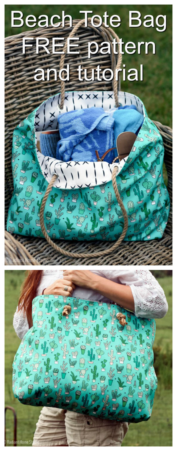 Having a day at the beach is always a great idea. Well, now you can make yourself this wonderful Beach Tote Bag with this FREE pattern and tutorial. The bag is a simple tote bag, with one full-width pocket that is divided into 3 sections. If you want more pockets, just repeat the pocket directions for the other side of the bag. The fun rope handles are simply threaded through grommets and knotted. Detailed directions for attaching the grommets have been included but if you want a simple alternative you can use buttonholes instead.